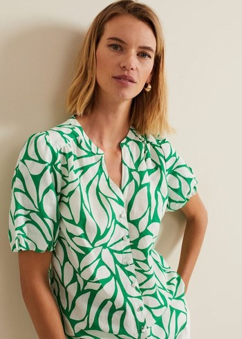 Phase Eight Louanna Linen Printed Shirts Green/White USA | 1784605-BR